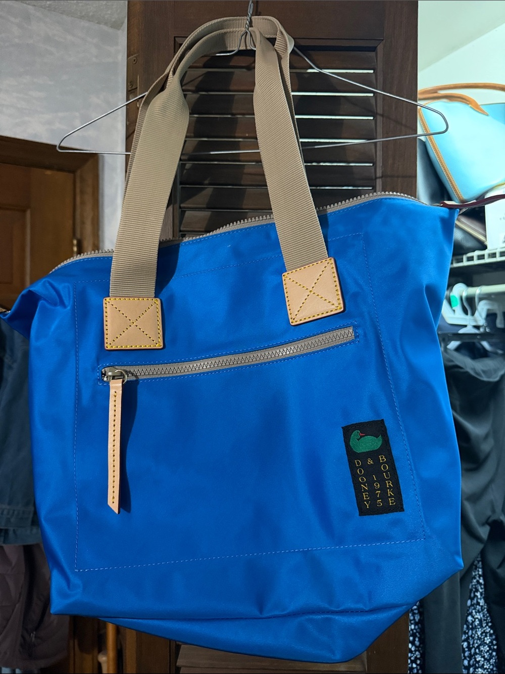 Dooney & Bourke Bright Blue Nylon Duffel Tote with Tan Handles